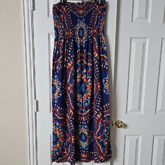 Strapless Maxi Dress in Blue and Orange Size L - Picture 2 of 4